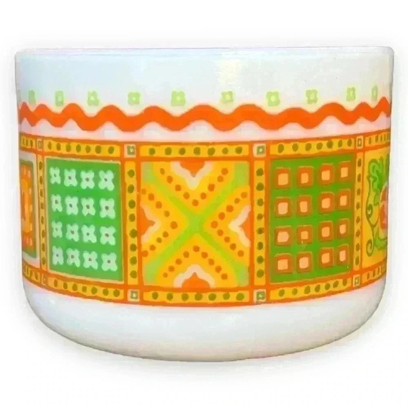 1970´s Avon mod patchwork print milk glass soup mug/trinket dish/shaving mug - Picture 2 of 6